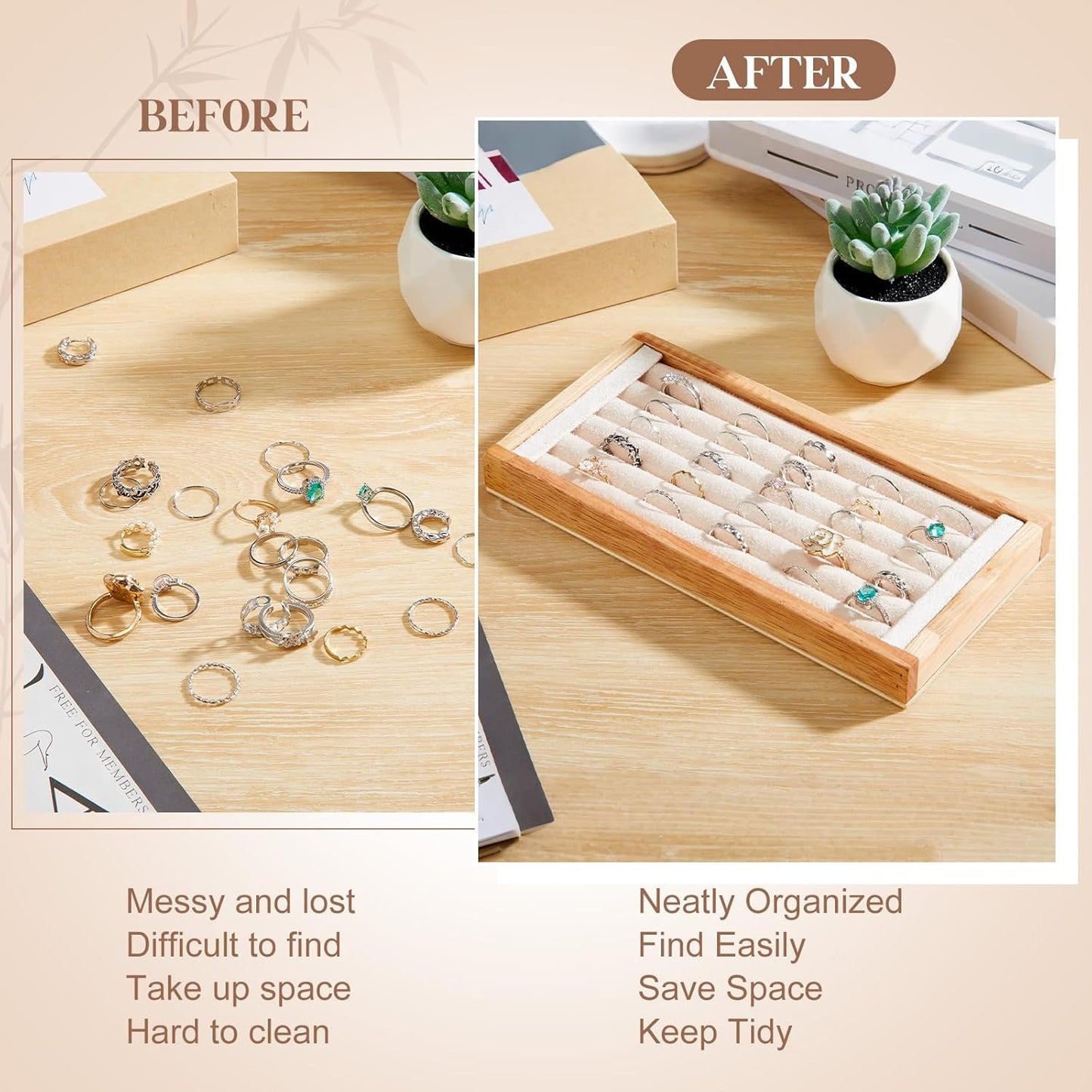 Novabright 2 Pcs Bamboo Ring Holder Bamboo Ring Display Stand 5 Slot Rings Display Tray Jewelry Storage Tray Organizer for Rings Earrings Selling Retail Stores Home Exhibitions