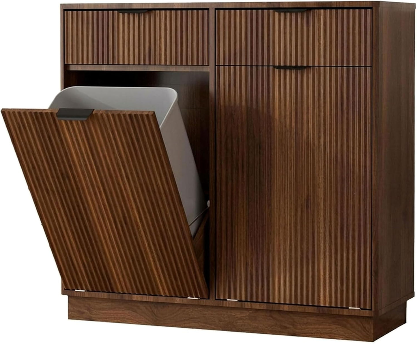 Double Tilt Out Trash Can Cabinet, Laundry Hamper Cabinet with 2 Drawers, Trash Can Holder Cabinet, Wave-Textured Front, 2 × 10 Gallon, Walnut