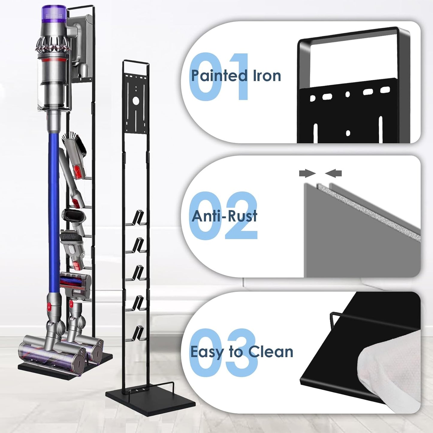 Vacuum Stand for Dyson V6, V7, V8, V10, V11, V12, V15 Cordless Cleaners - Heavy Base Metal Bracket Holder with Trigger Lock, On/Off Control Clamp, Accessory & Attachment Storage