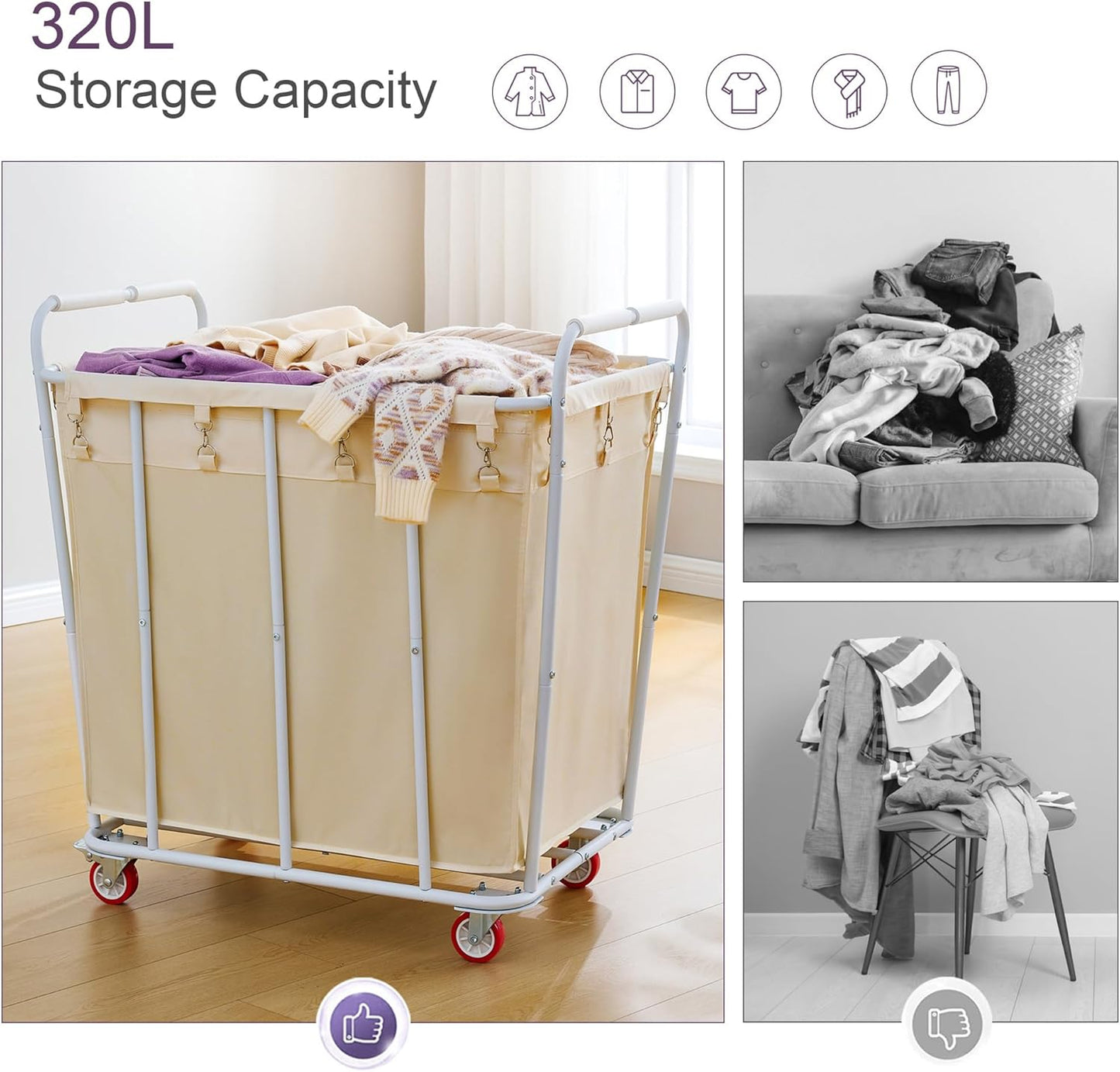 Hoctieon Large Laundry Cart with Wheels, 400L Heavy Duty Laundry Basket Organizer, Rolling Hamper Sorter for Clothes Storage, Industrial Dirty Clothes Hamper for Home & Hotel, Beige