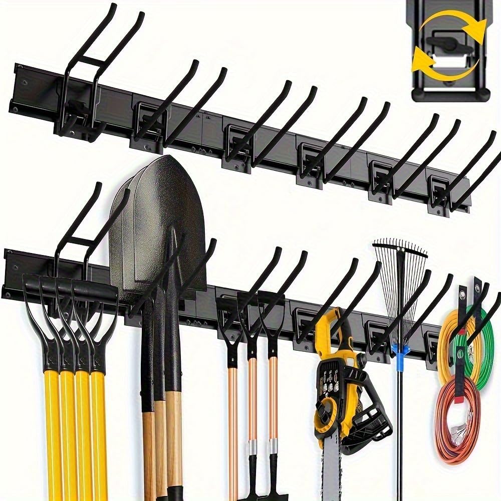 48" Industrial-Grade Wall-Mounted Garage Tool Organizer Heavy-Duty Steel Frame with Capacity Adjustable Swivel Hooks with Dual Shovel Holders for Yard Tools, Trimmers, Ladders& Garage Storage