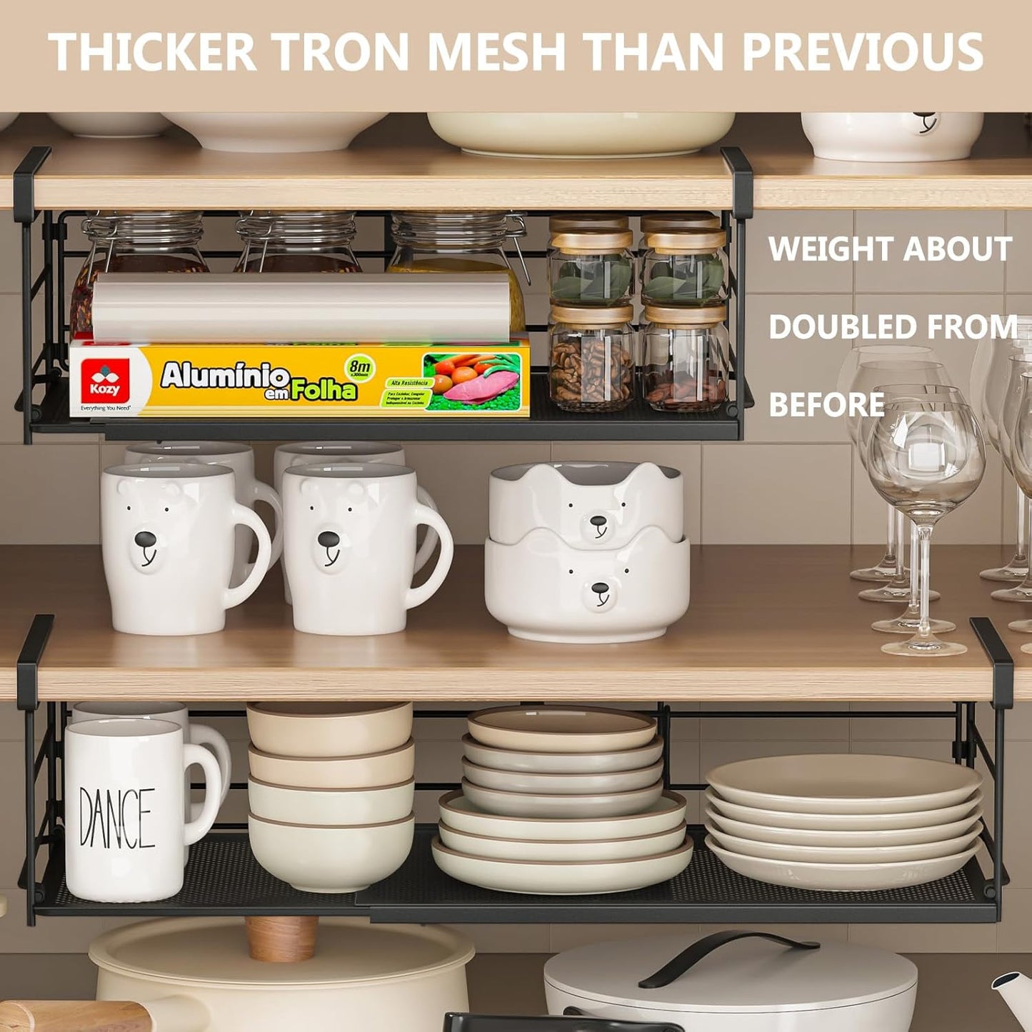 Expandable Under Cabinet Shelf, Extendable Under Shelf Storage with Removable Wire-Like Back for Pantry Cabinet, Laundry Room, Shoe Rack. (Black, 2 Pack, Interior: 5" H x 10" D)