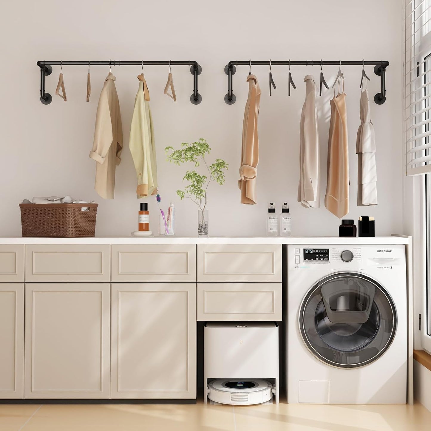 Industrial Pipe Clothes Racks 2 Pack, Black Pipe Wall Mounted Clothing Racks for Hanging Clothes, Space Saving Closet Hanging Rod for Laundry Room, Bedroom