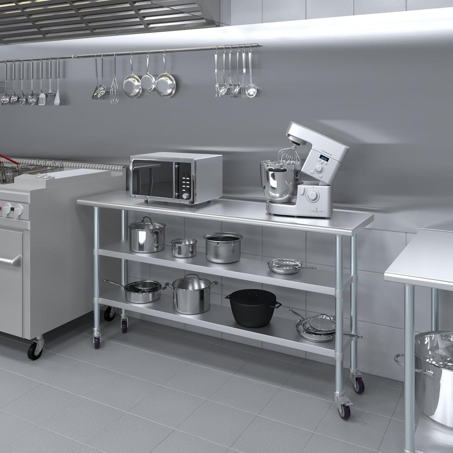 AmGood Stainless Steel Work Table with 2 Shelves and Casters | Metal Utility Table On Wheels (Stainless Steel Work Table with 2 Shelves + Casters, 72" Long x 18" Deep)