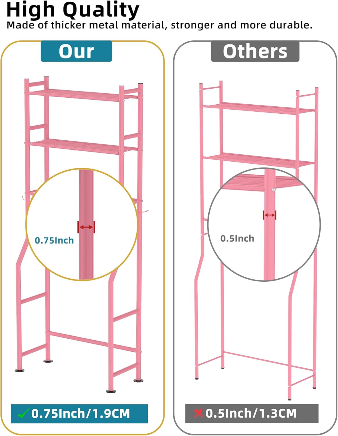 3-Tier Over The Toilet Storage, Freestanding Metal Bathroom Shelves with 4 Hooks, Over Toilet Storage Shelf with Paper Holder, Above The Toilet Shelf for Bathroom Storage, Pink