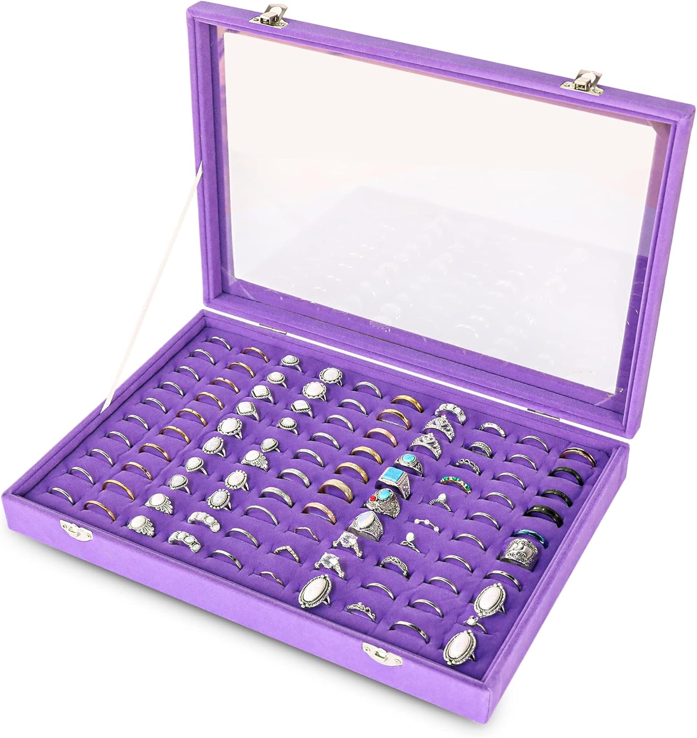 Frebeauty Ring Organizer Tray 100 Slots Ring Holder with Clear Lid Velvet Storage Box Jewelry Tray for Jewelry Store Earring Display Case for Jewelry Show Studs Box for Women(Purple)