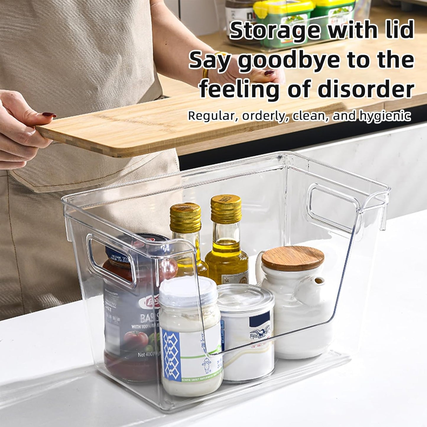 Pantry Organizers and Storage, Stackable Plastic Pantry Organizer with Lid & Handle for Kitchen Counter, Fridge for Fruit, Potato, Onion, Vegetable, 3 Set (Clear- 3 Large Bin & 2 Container)