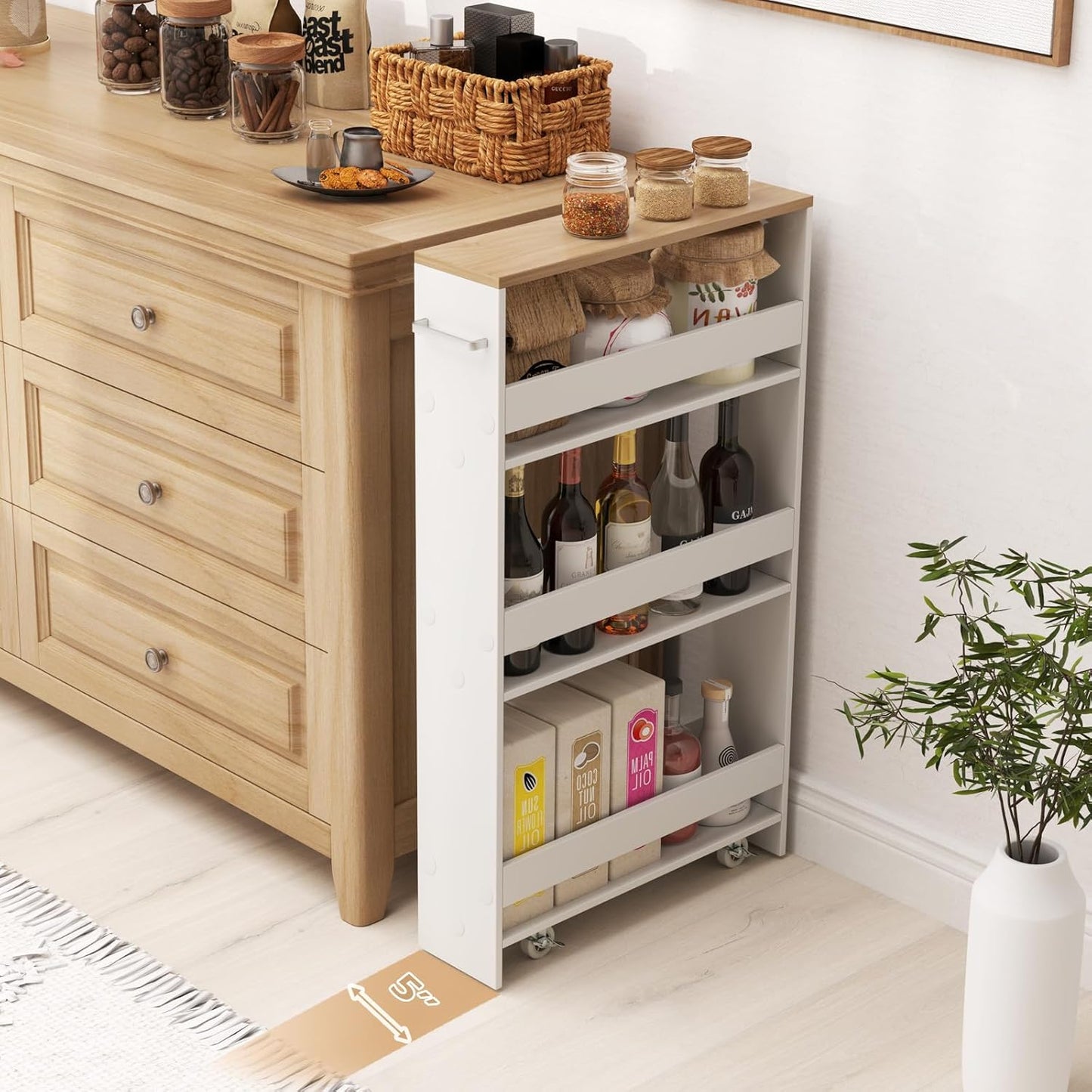 Slim Rolling Storage Cart, 4 Tier Narrow Kitchen Cart with Wheels, Between Washer and Dryer Cart, Wood Shelving Unit Organizer w/Handle for Small Spaces (White & Natural, 5-Inch)