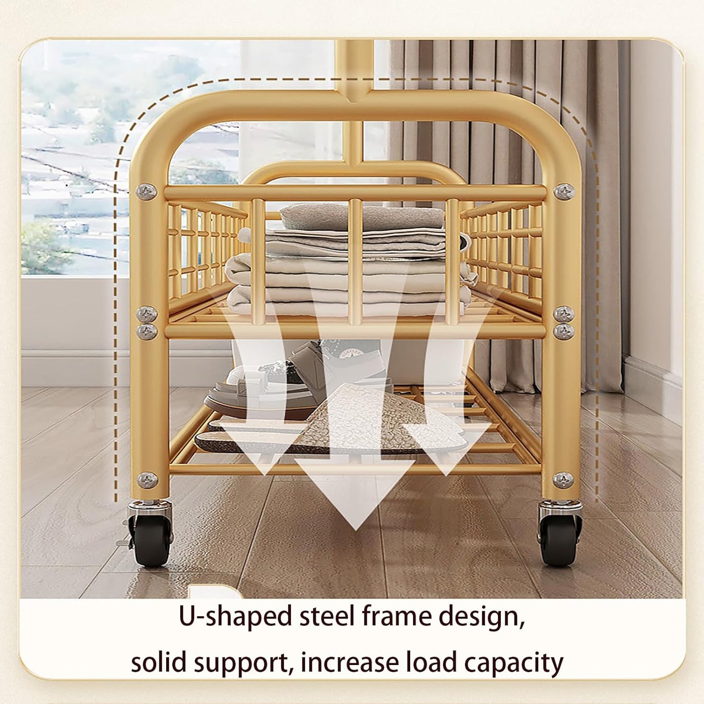 Garment Racks,on wheels,movable,Double Decker,Sturdy Metal Frame,Available for both domestic and commercial use,for Hanging Organizers Clothes,Coats,Skirts,Shoes,Bags,Scarf,Neckties (gold, S)