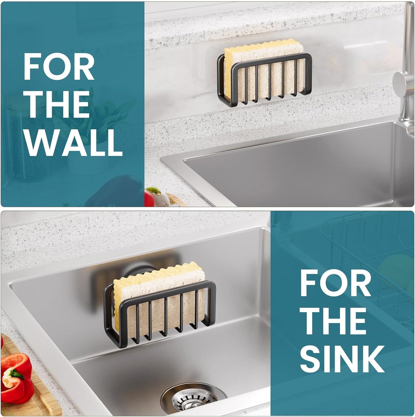 TAILI Sponge Holder for Kitchen Sink with Strong Suction Cup, Removable Sponge Holder, Rustproof Aluminum Sink Caddy for Sponges, Dish Brush - Black