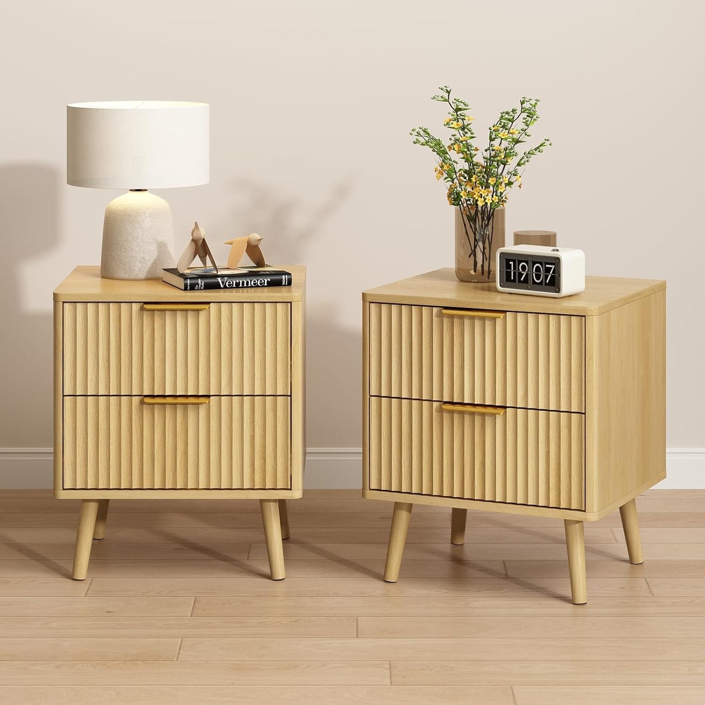 CARPETNAL Fluted Nightstand Set of 2, Oak Bedside Table with 2 Drawers and Gold Handles, Wood End Table Mid Century Night Stands for Bedroom Living Room