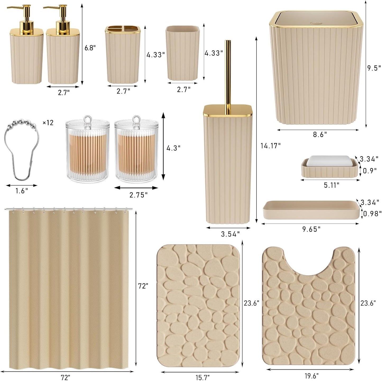 Bathroom Accessories Set - 25PC Bathroom Sets with Shower Curtain and Rugs, Beige Bathroom Accessories with Trash Can, Soap Dispenser, Soap Dish & Toilet Brush