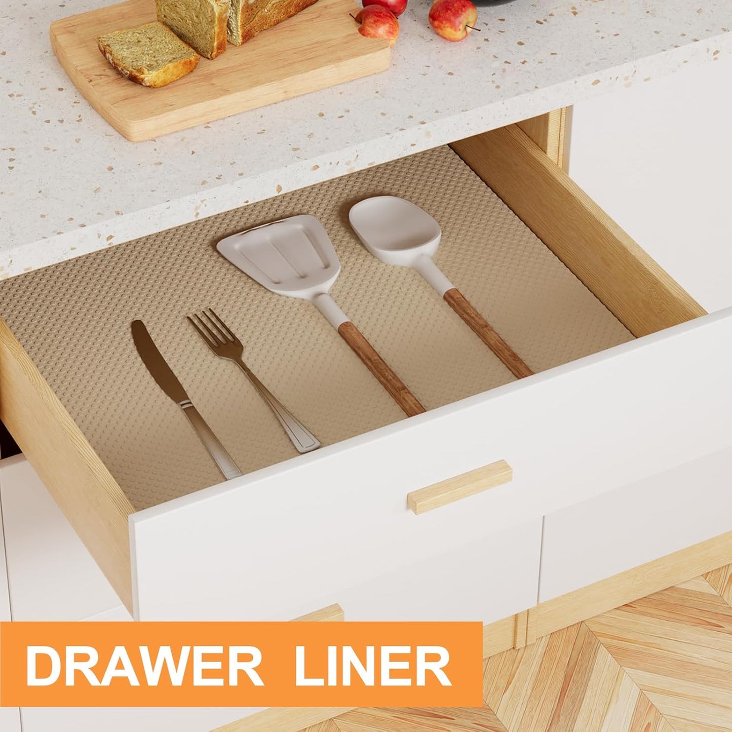 FLPMIX Shelf Liners for Kitchen Cabinets: Waterproof Non-Adhesive Drawer Liner - 12" x 120" Khaki Easy to Cut Cupboard Mat for Pantry Shelves