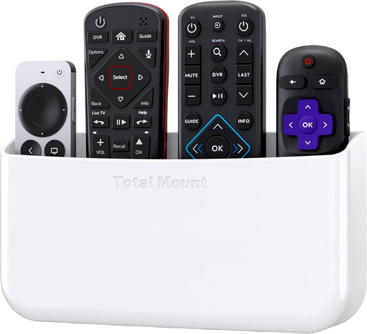TotalMount Hole-Free Remote Holder – Eliminates Need to Drill Holes in Your Wall (Premium White Holder for 3 or 4 Remotes)