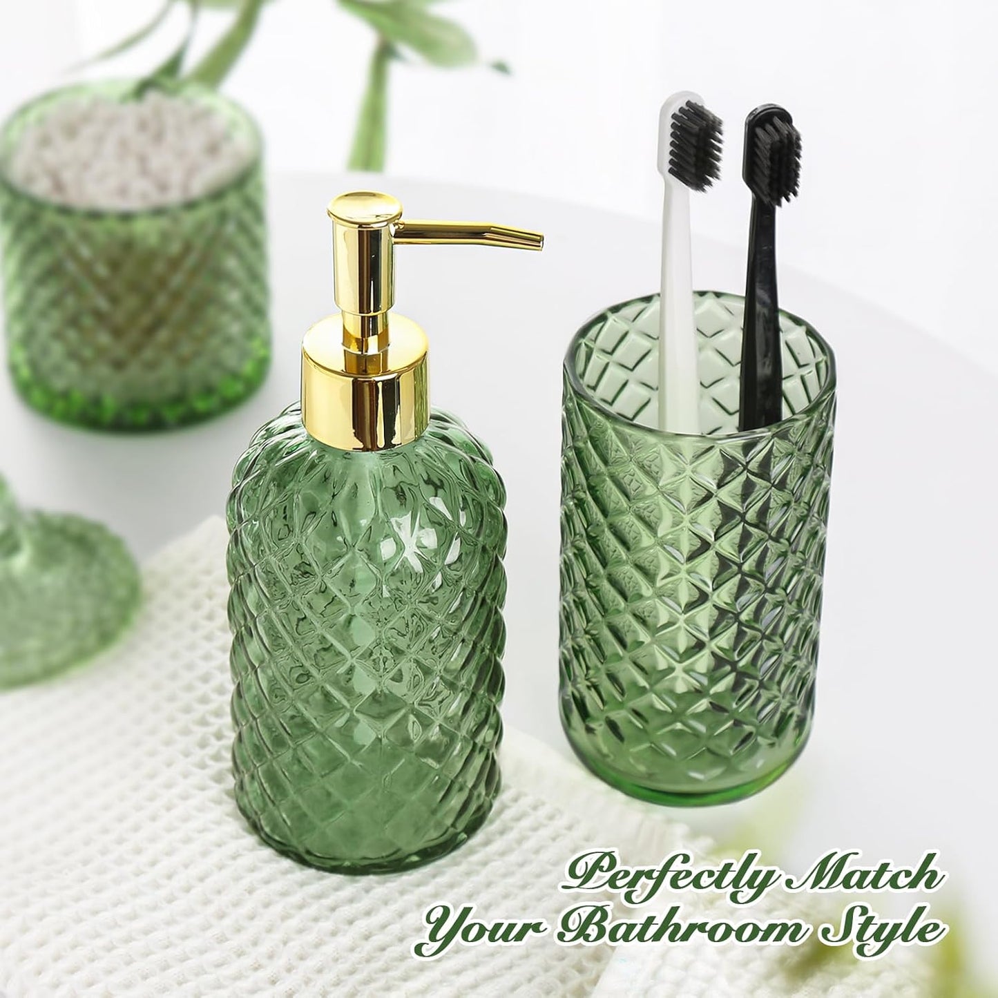Green Bathroom Accessories Set, 4 Pack Olive Green Bathroom Decor Accessory Sets Complete, Diamond Glass Soap Dispenser and Toothbrush Holder Set for Bath Counter Organizer Essentials