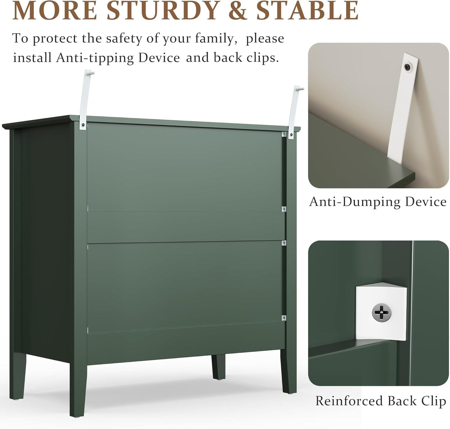 RoyalCraft Large 3 Drawer Dresser Set of 2, Fluted Chest of Drawers with Storage, Modern Painted 30 inch Tall Nightstand for Bedroom Living Room Entryway, Green