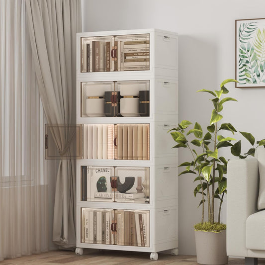 Extra Large Stackable Storage Bins with Lids & Wheels, Foldable Collapsible Closet Organizers Storage Cabinet with Doors for Bedroom Dorm (White, 275QT-55QT/14GAL*5Pack)