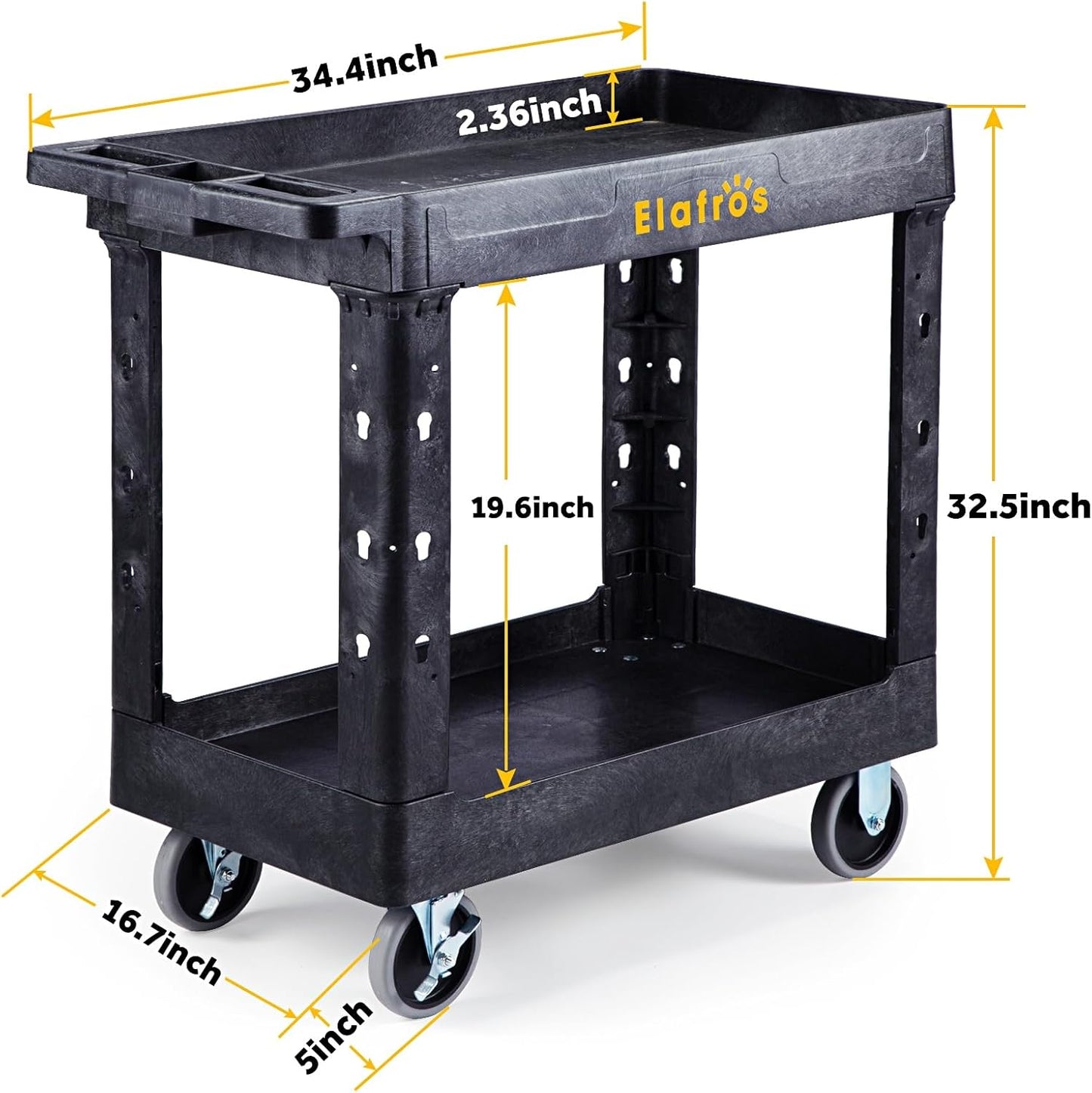 ELAFROS Heavy Duty Plastic Utility Cart 34 x 17 Inch - Work Cart Tub Storage W/Deep Shelves and 2 Fixed 2 Swivel Wheels Safely Holds up to 550 lbs - 2 Tier Service Cart for Warehouse,Garage, Black