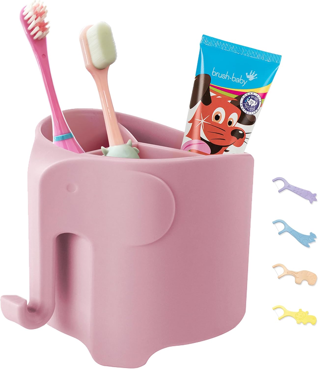 Elephant Toothbrush Holder for Toddler, Cute Toothbrush Holder for Kids, Electric Toothbrush Toothpaste Holder with 3 Rapid Drying Slots and a Hook for Bath Ball, Pink
