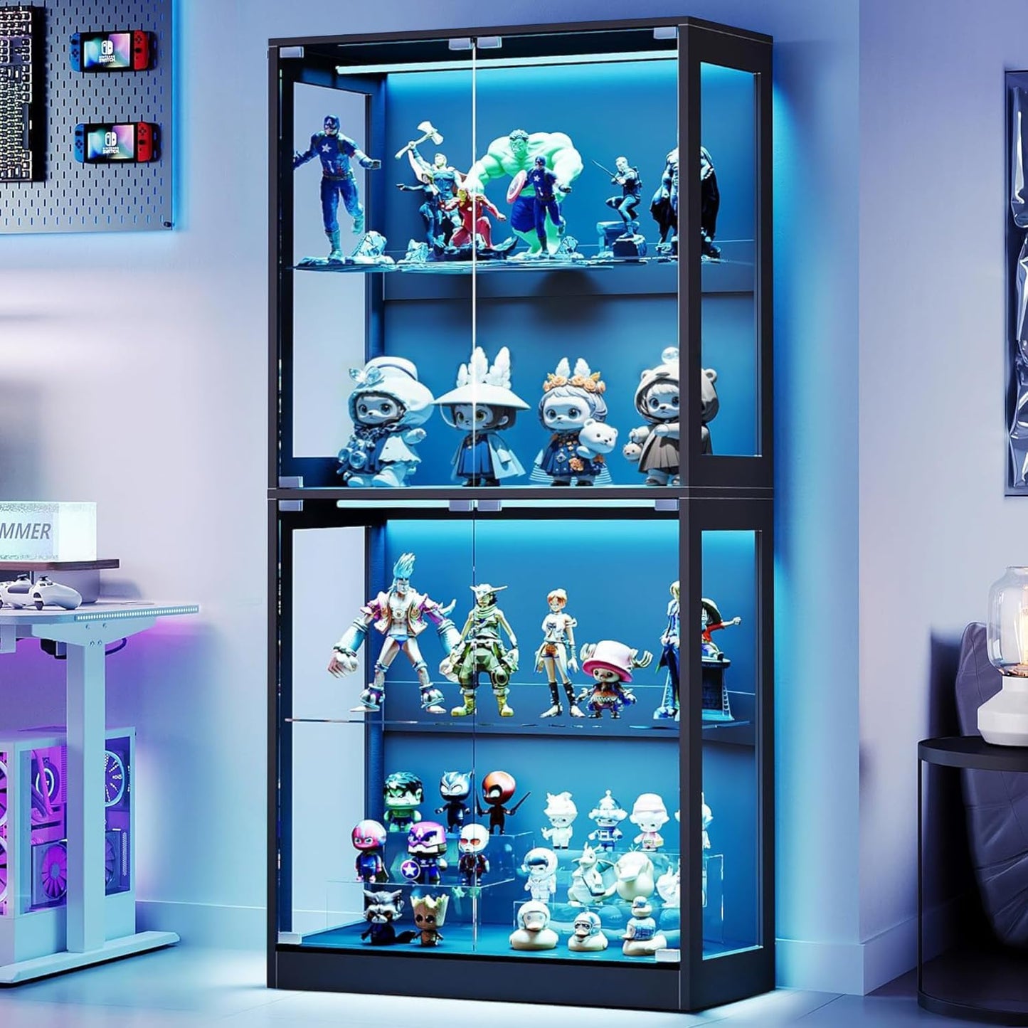 AMERLIFE RGB Display Cabinet with Adjustable Glass Shelves, 4-Tier Storage Case with LED Lights & Press-to-Open Doors, Modern Display Shelf for Collectibles, Black 70" H×32" L×16" D