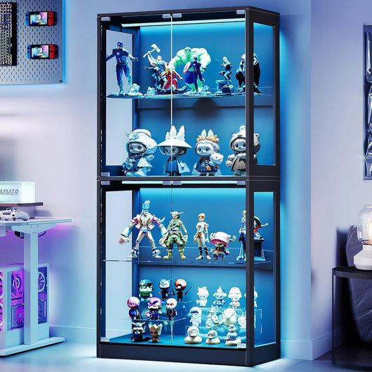 AMERLIFE RGB Display Cabinet with Adjustable Glass Shelves, 4-Tier Storage Case with LED Lights & Press-to-Open Doors, Modern Display Shelf for Collectibles, Black 70" H×32" L×16" D