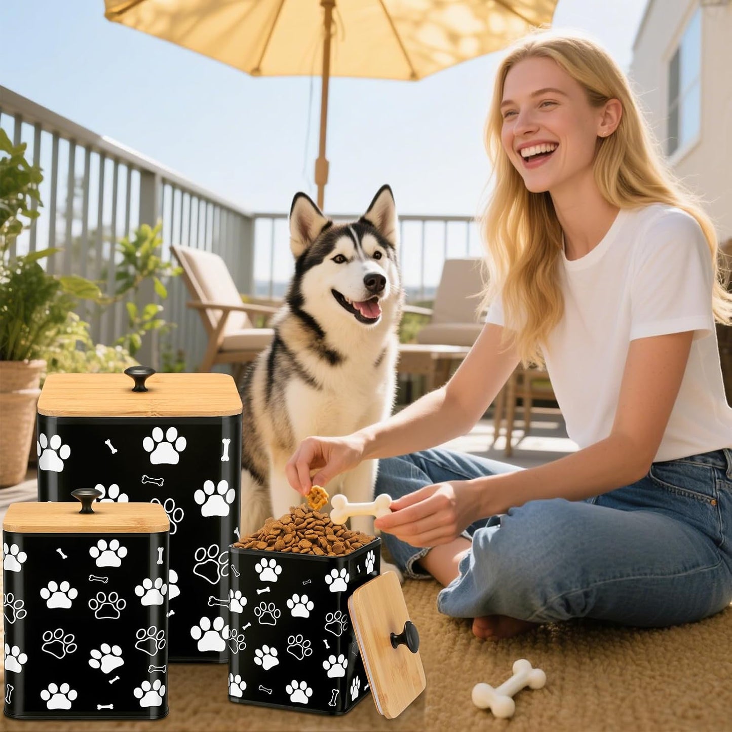 Airtight Dog Food Containers with Bamboo Lids, Metal Dog Treat Jars Canisters for Kibble, Biscuits, Snacks, Cookies, Pet Food Storage Set for Kitchen Counter Christmas Gift(Black)