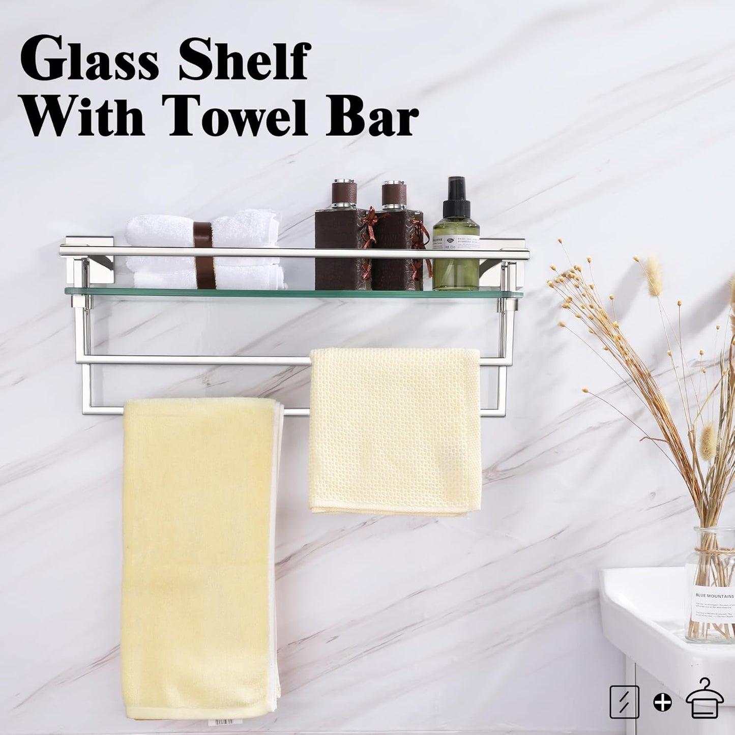 LANC Bathroom Shelf with Towel Bars - 20-Inch Silver Floating Tempered Glass Shelves with 2 Rails for Bathroom Kitchen Accessories Organizer Glass Rack Wall Mount Stainless Steel Chrome, A7617CP