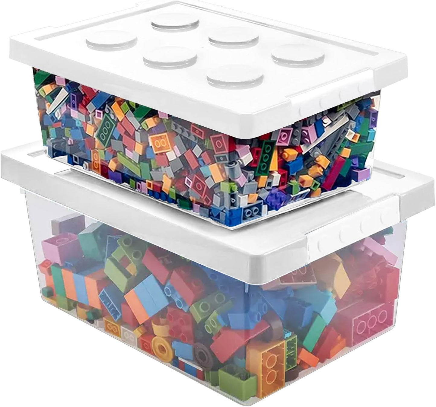 loobuu Plastic Storage Bins with Lids - Stackable Toy Storage Organizer Box Set of 2, Toy Chests with Compatible Building Baseplate and Lid, Storage Container for Building Bricks & Toys- White