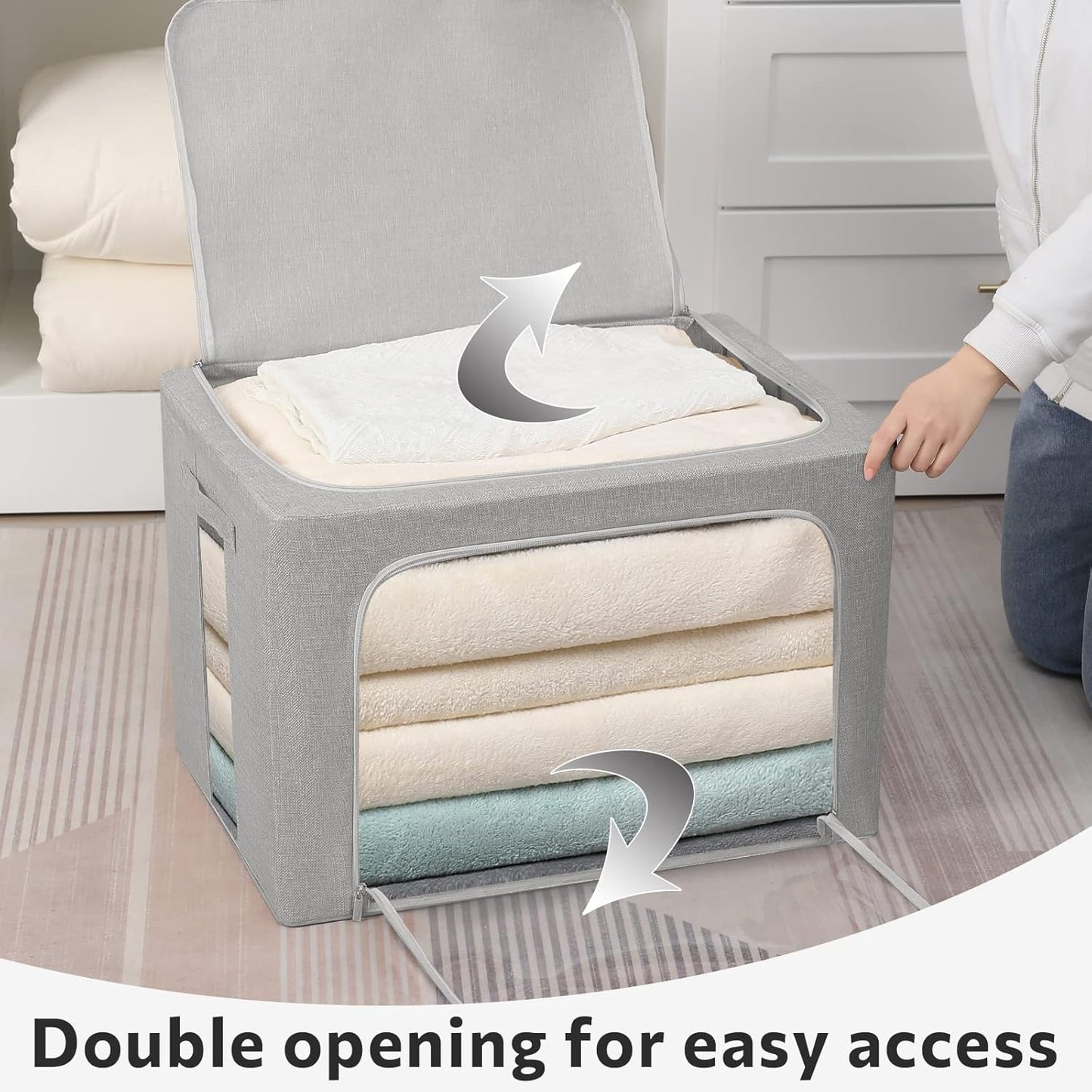 FHSQX 2 Pack Clear Window Storage Bins - Large Stackable Linen Fabric Storage for Clothes Foldable Container Organizer Set with Carrying Handles (Light Gray, 23.6x 16.5x 15.7 Inch)