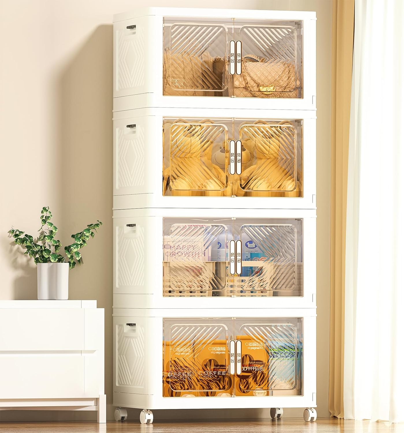Storage Bins with Lid 76QT, Stackable Storage Containers with Wheels and Magnetic Doors, Plastic Clothes Closet Organizers and Storage Box for Home and Office (4 Pack)