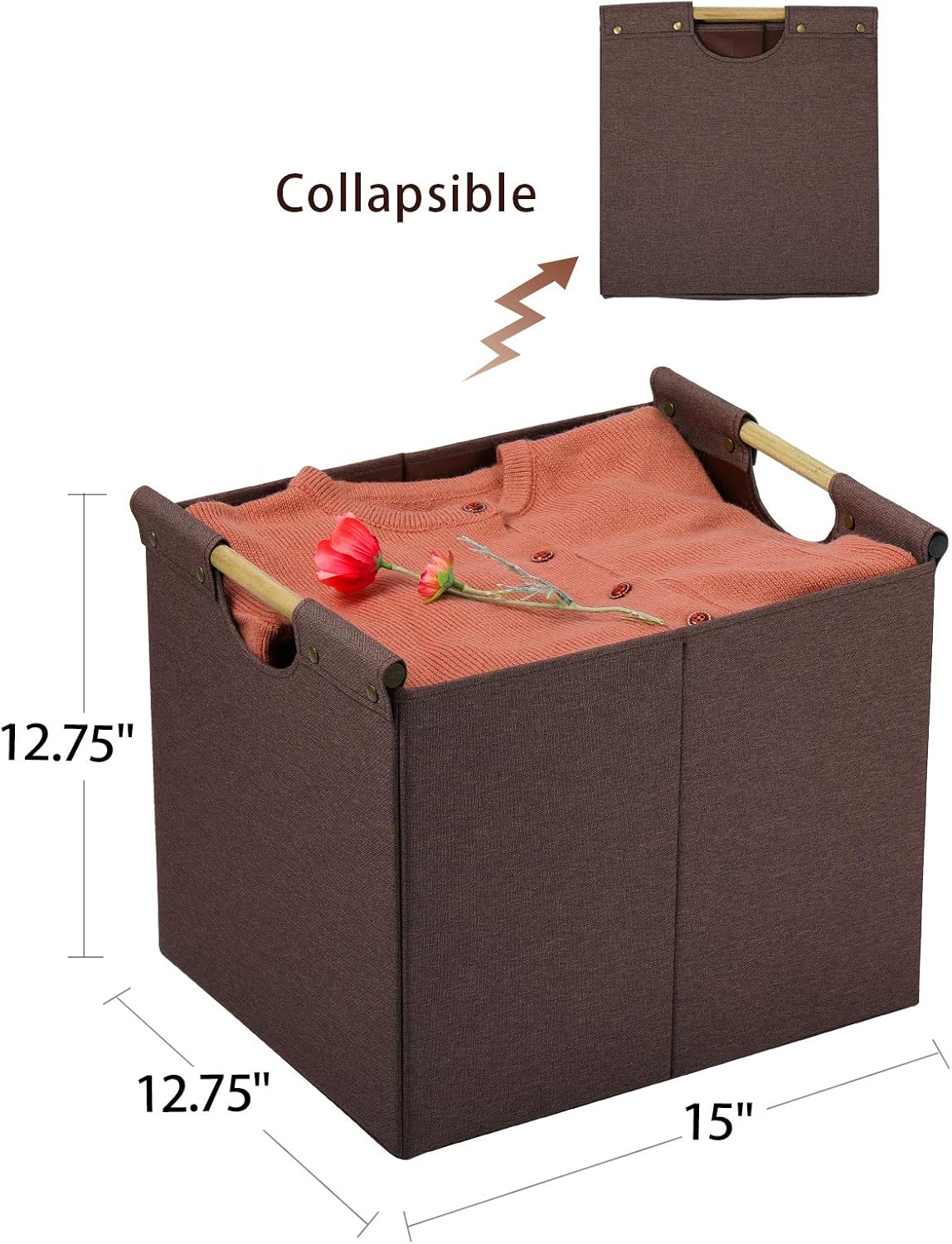 HOONEX Large Collapsible Storage Bins, Linen Fabric, 2 Pack, Storage Baskets with Wooden Carry Handles and Sturdy Heavy Cardboard, for Home, Office, Car, Nursery, Brown