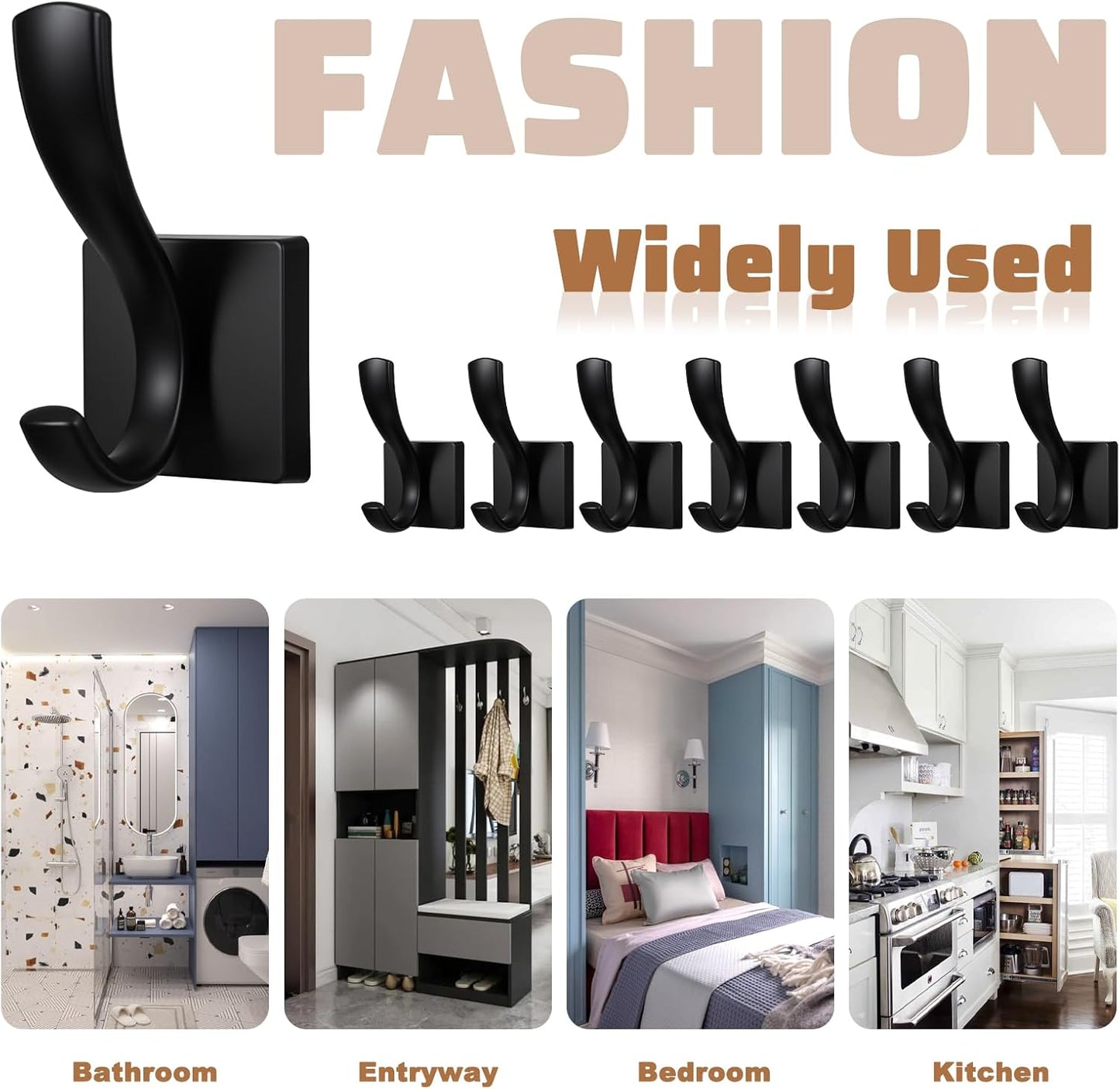 8 Pack Wall Hooks Heavy Duty Towel Robe Coat Hooks for Bathroom Bedroom Entryway with Mounting Hardware Rustproof Aluminum Alloy Black