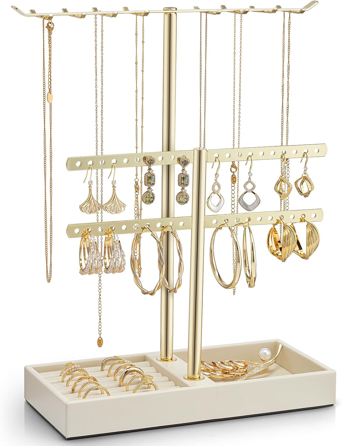 Vlando 2 Tier Jewelry Stand Organizer with Tary, Leather Jewelry Holder Display for Women, Gold Jewlery Holder Stand for Necklace, Earring, Bracelet, Rings - Cloud White