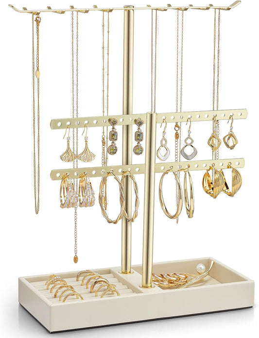Vlando 2 Tier Jewelry Stand Organizer with Tary, Leather Jewelry Holder Display for Women, Gold Jewlery Holder Stand for Necklace, Earring, Bracelet, Rings - Cloud White