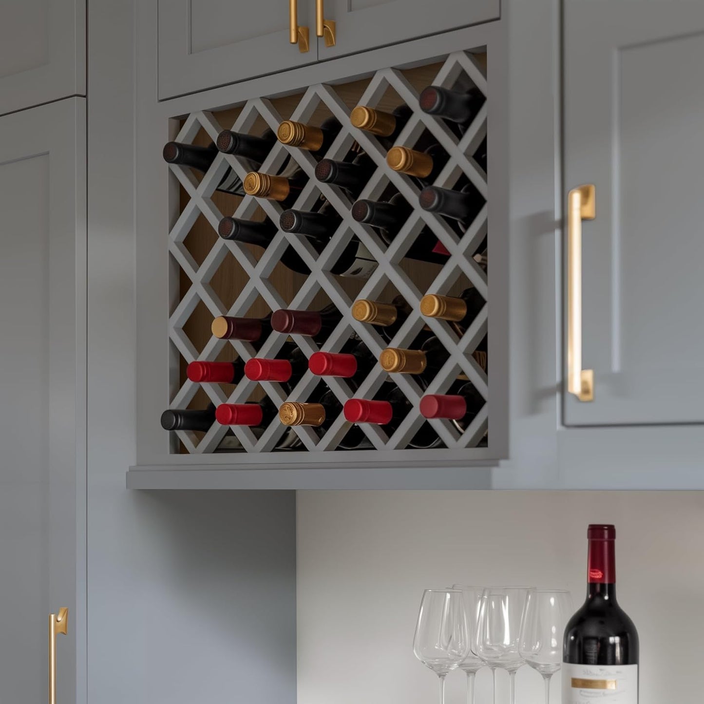 Solid Wood RTA Wine Bottle Rack Wall Cabinet with Lattice Panels - Bottle Holder Storage for Bar, Pantry, or Wine Cellar - Mocha Finish Countertop Solution (Gray, 24'W 12'D 30'H)