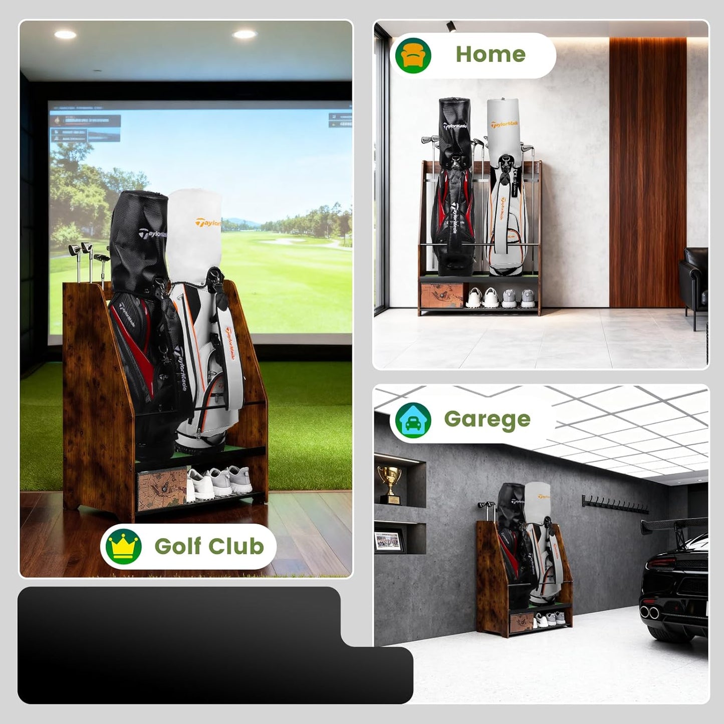 Golf Bag Organizer Rack – Large Wooden Golf Storage for 2 Bags, Clubs & Accessories with Dustproof Drawer, Sports Equipment Rack for Garage, Practice Room, Home or Office (Black)