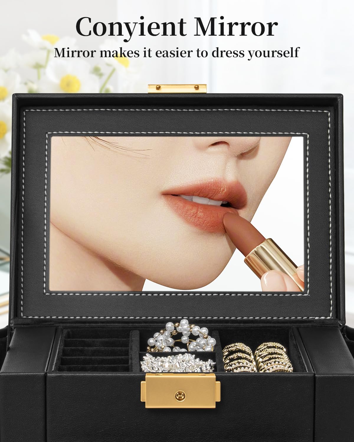 TORIBIO Jewelry Box for Women, Leather Jewelry Organizer with Mirror & Lock, 5-Tier Jewelry Storage Organizer with 4 Drawers for Girls/Women/Mothers, Necklace Earring Bracelets Holder Organizer