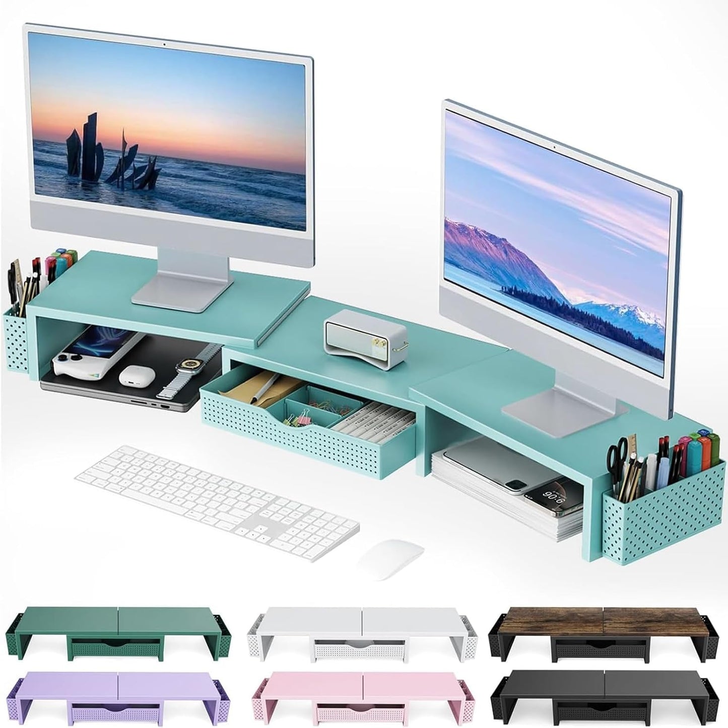 gianotter Dual Monitor Stand Riser, Desk Organizer With Drawer and 2 Pen Holders, Monitor Stand for Desk, Office Decor Essentials (Blue)