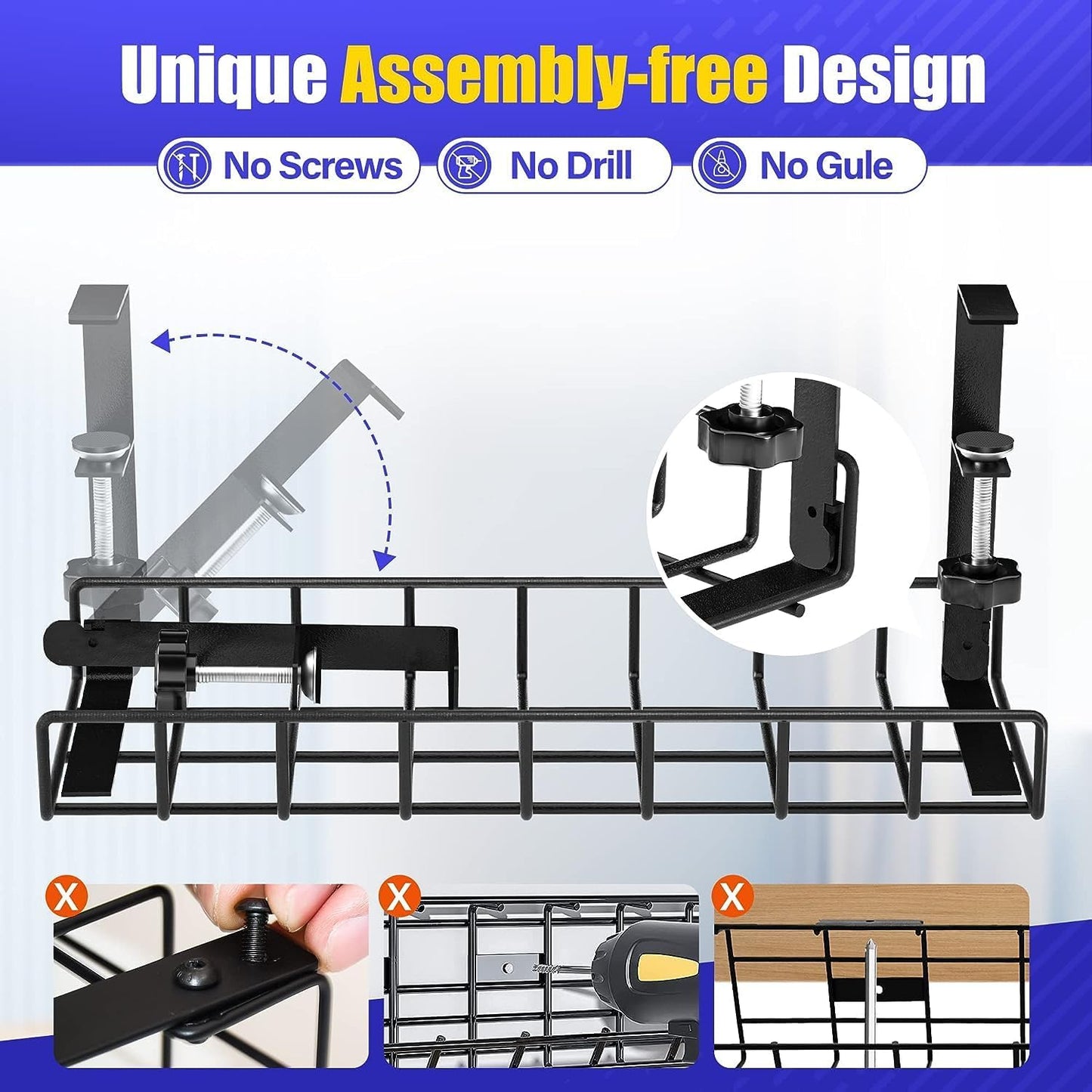 Under Desk Cable Management Tray 2 Pack, Xpatee Wire Management No Screws, Cable Tray with Clamp for Wire Management, Computer Code Rack for Office, Home - No Damage to Desk Black