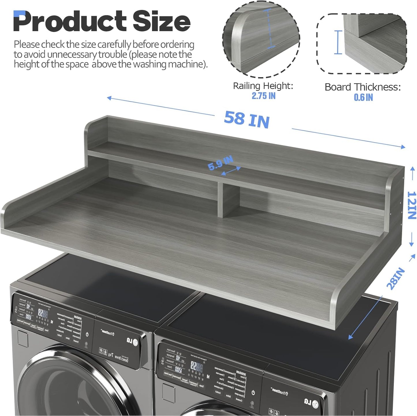 2-Tier Washer and Dryer Countertop with 2.75" H Guard,58" W x 28" D Laundry Countertop Cover with Non-Slip Pad,Large Space Laundry Topper for Folding Clothes Over Washer and Dryer-Stripe Gray