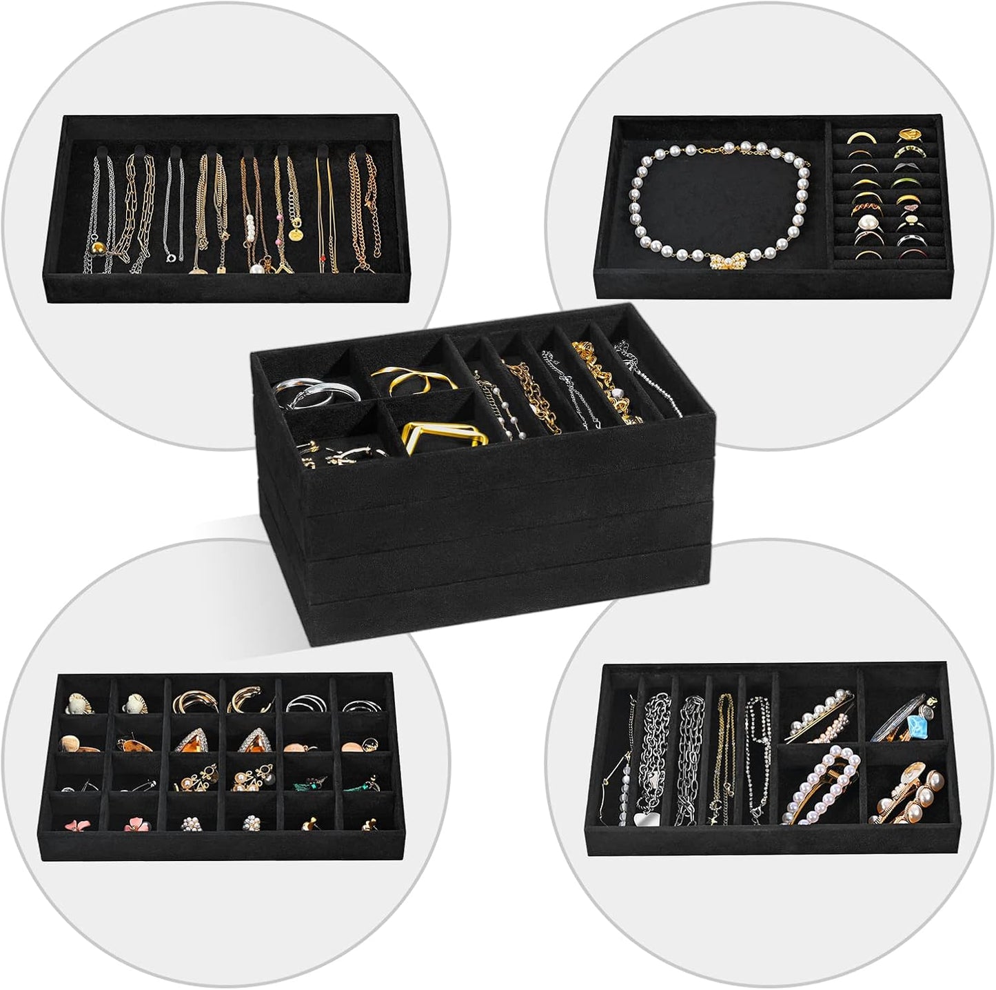 ProCase Stackable Jewelry Organizer Trays for Drawers, Jewelry Drawer Inserts Container Display Case Storage for Earring Necklace Rings Bracelet with Removable Dividers -Allblack, 4 Layers