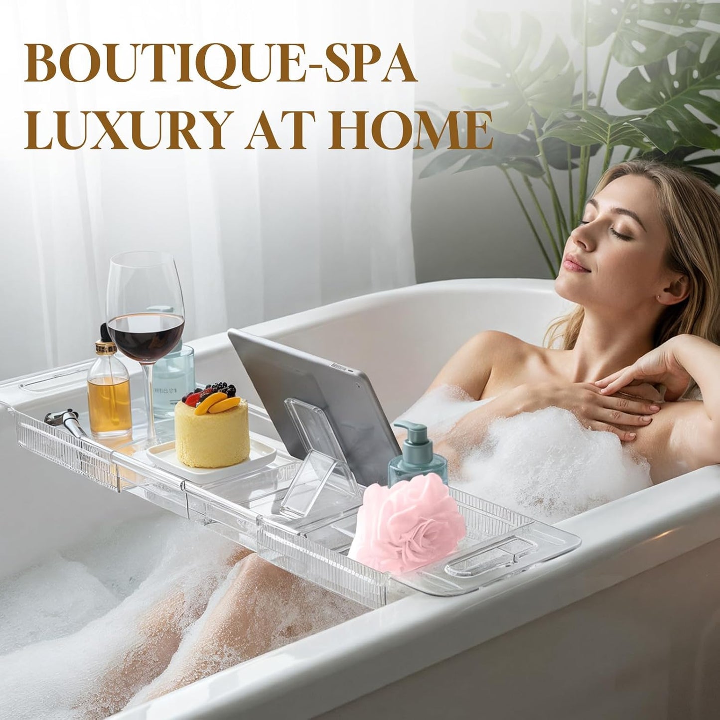 Expandable Clear Acrylic Bathtub Tray Caddy, Foldable Tub Bath Tray with Drain Slots, Slip-Resistant Waterproof Bathroom Organizer & Home Spa Gift for Women
