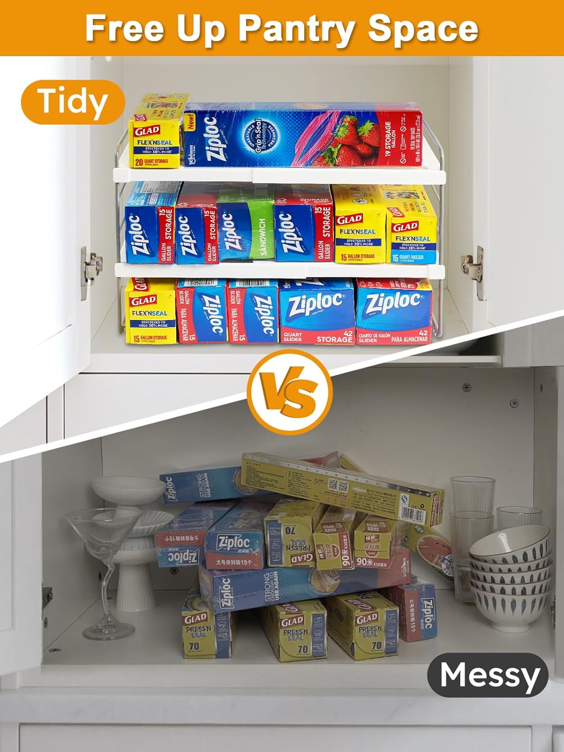 JUPELI Foil and Plastic Wrap Organizer, Expandable Kitchen Pantry Storage, Height Adjustable Cabinet Rack for Kitchen Organization, Aluminum Foil -3 Tier 9.8" to 15.6"L