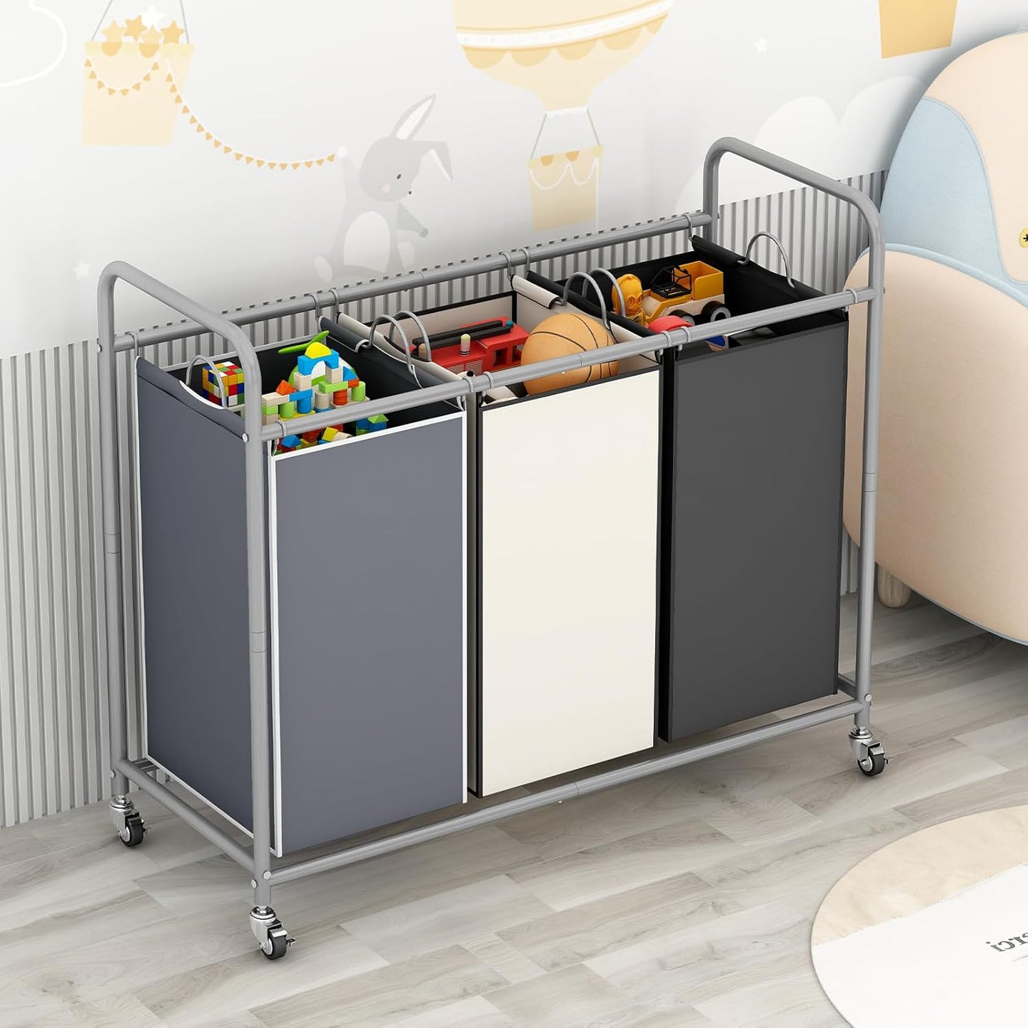 LINZINAR 3-Bag Laundry Basket Sorter Laundry Hamper Cart with Heavy Duty Rolling Lockable Wheels and Removable Bags (Assorted)
