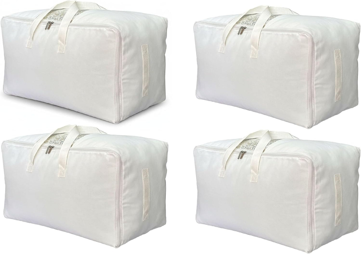 Soft Canvas Clothes Storage Bags with Four Carrying Handles and Clear Window, Closet Organizer for Clothing, Blankets Sheets Pillows and Bedding, 55L, 4 Pack, White