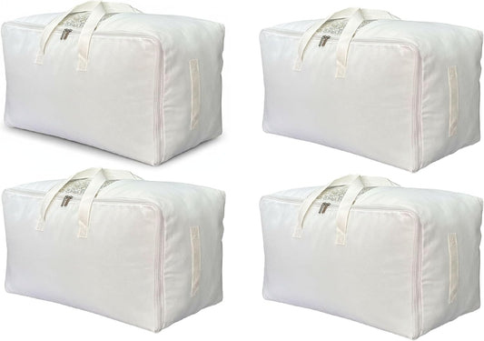 Soft Canvas Clothes Storage Bags with Four Carrying Handles and Clear Window, Closet Organizer for Clothing, Blankets Sheets Pillows and Bedding, 55L, 4 Pack, White