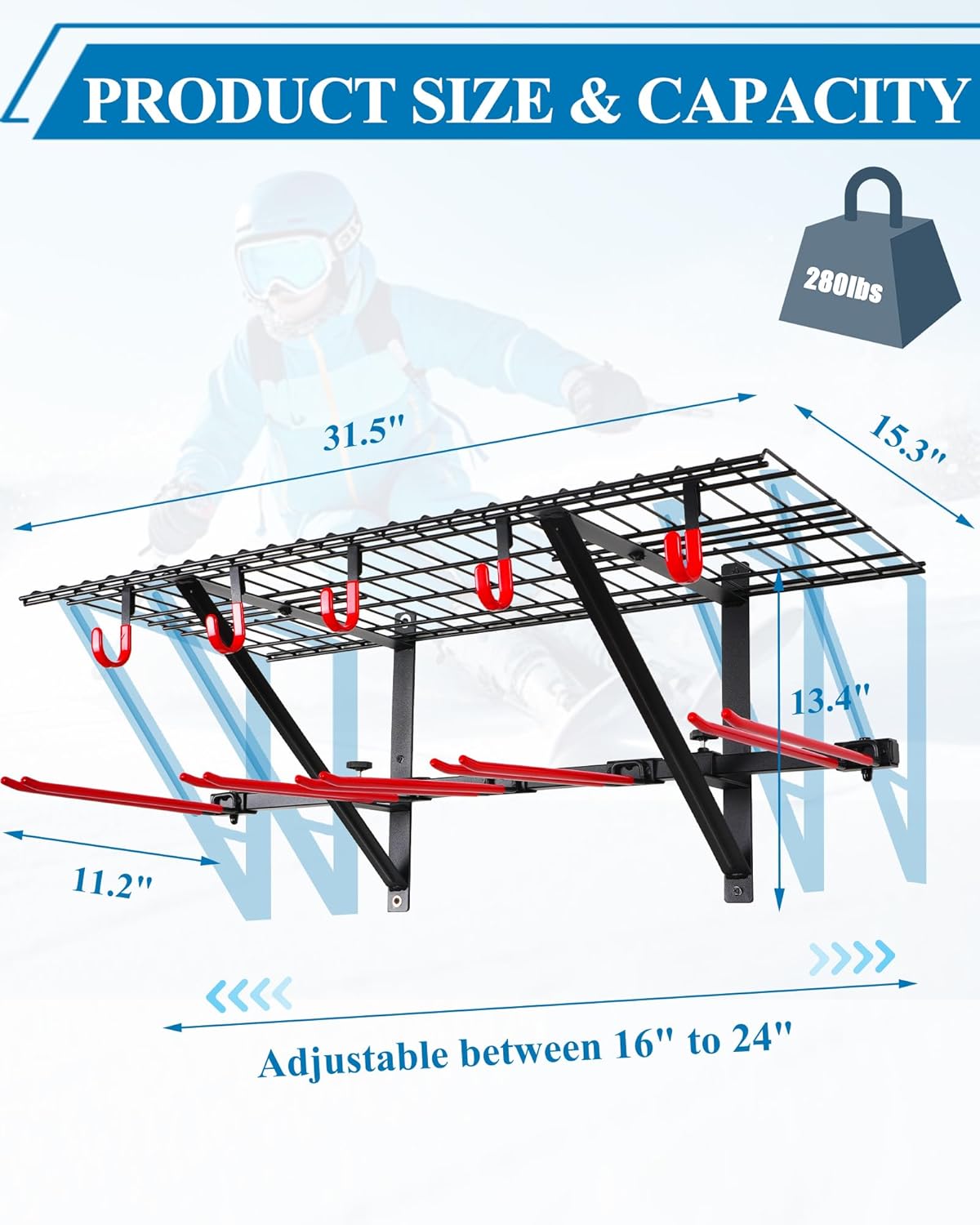Mythinglogic Wall Mounted Ski Rack, Ski and Snowboard Storage Rack for Garage/Shed, Large Capacity Ski Equipment Holder with Top Shelf
