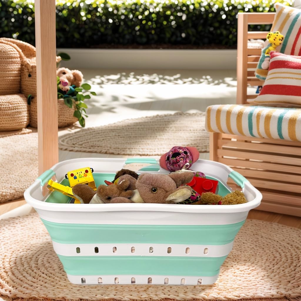 SAMMART 42L (11 gallon) Collapsible Plastic Laundry Basket - Foldable Pop Up Storage Container/Organizer - Space Saving Hamper/Basket (1, White/Light Green)