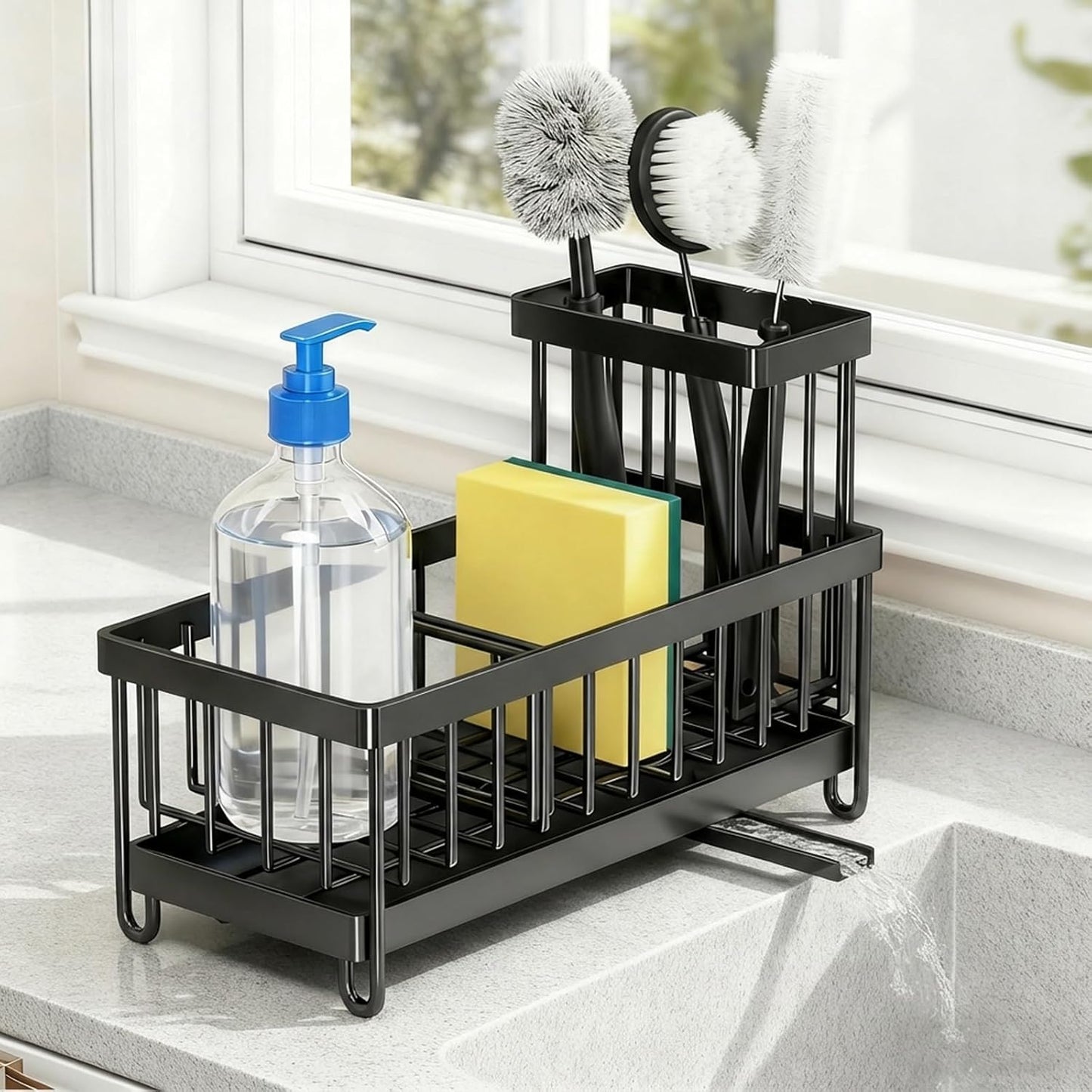 Sponge Holder for Kitchen Sink, Sink Caddy Organizer with High Brush Holder & Auto-Drain Tray, Rustproof Stainless Steel Countertop Storage for Soap Dispenser and Dish Brush, Fast Local Shipping