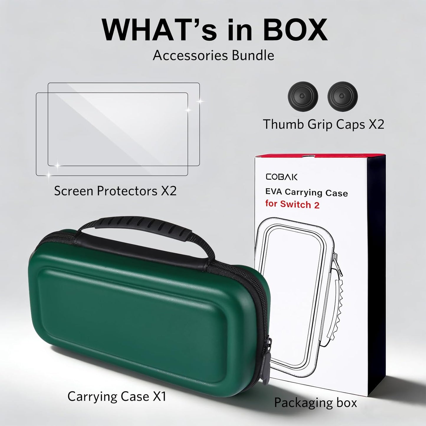 CoBak Large Capacity Carrying Case for Nintendo Switch 2 (2025) - 3 in 1 Accessories Bundle with 2 Screen Protectors, Thumb Grip Caps, 24 Game Cartridges, Hard Shell Portable Travel Pouch, Dark Green